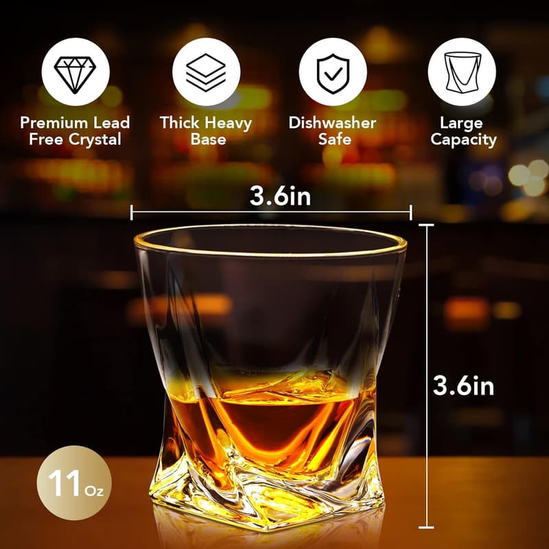 Classic Whiskey Glass Set - 11 Oz Crystal Glasses with Ice Molds