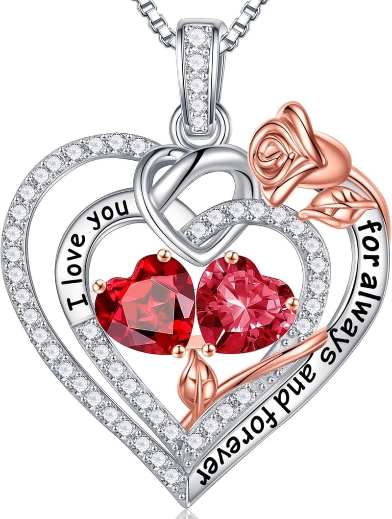 925 Sterling Silver Double Birthstone Heart Necklace for Wife