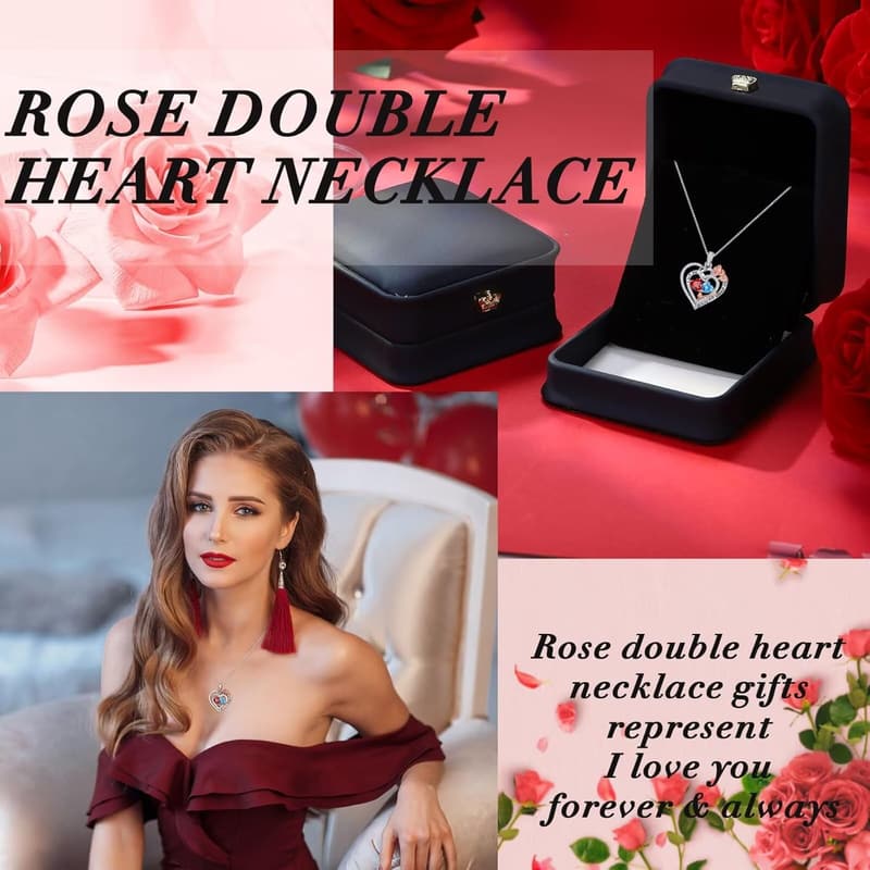 925 Sterling Silver Double Birthstone Heart Necklace for Wife