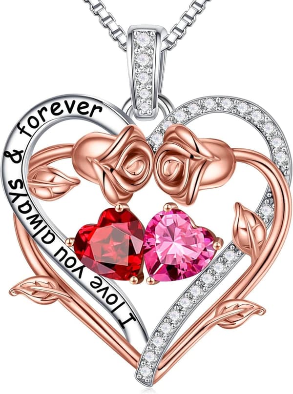 Double Birthstone Heart Necklace for Women, Gift for Wife/Mom