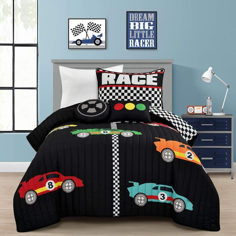Twin Racing Car Quilt Set – 4 Piece in Black