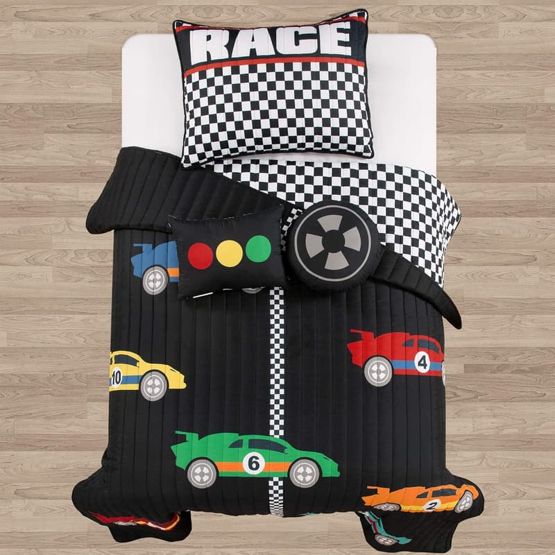 Twin Racing Car Quilt Set – 4 Piece in Black