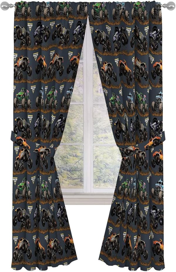 Monster Jam 4-Piece Kids Curtain Set with Tiebacks - Black, 84 Inch