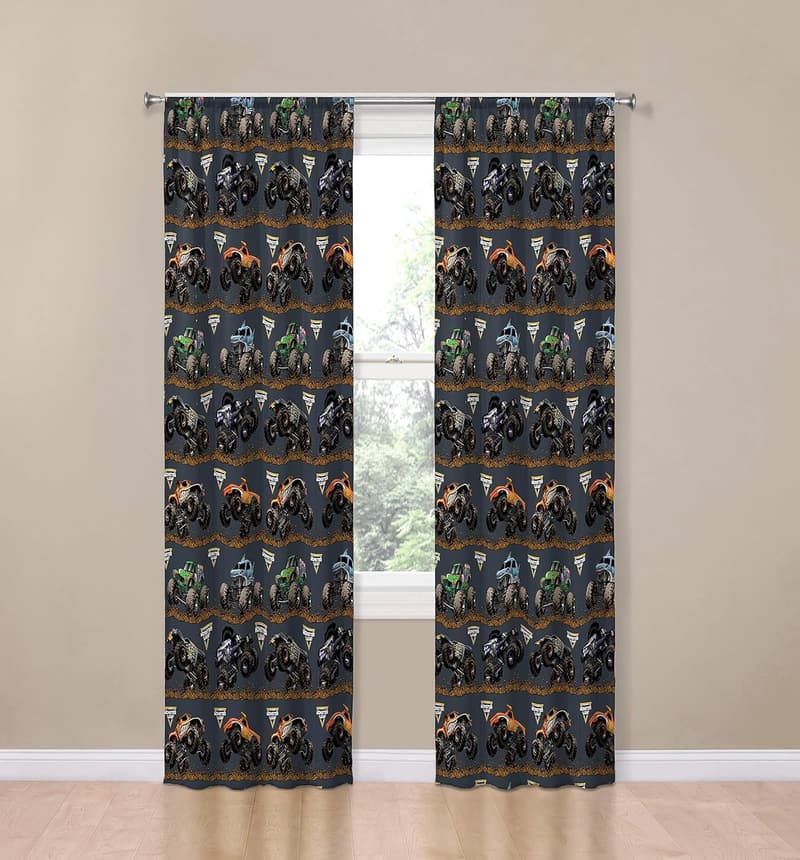 Monster Jam 4-Piece Kids Curtain Set with Tiebacks - Black, 84 Inch