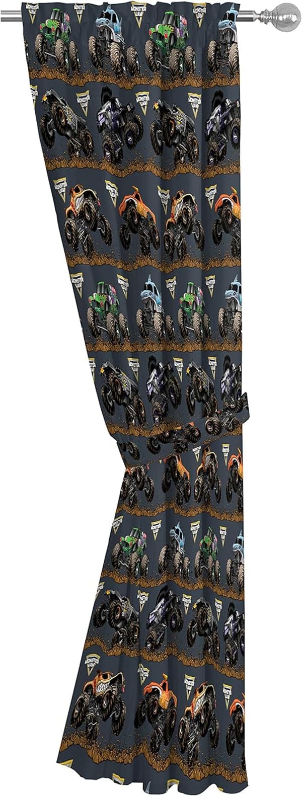Monster Jam 4-Piece Kids Curtain Set with Tiebacks - Black, 84 Inch