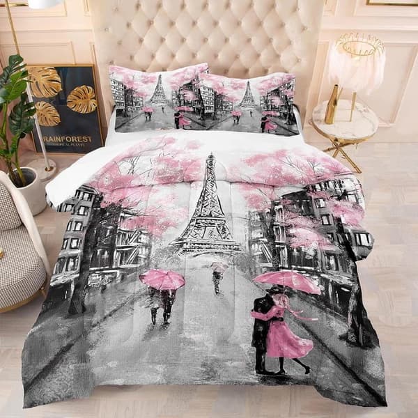 Pink Eiffel Tower Comforter Set for Couples - Queen Size Floral Bedding