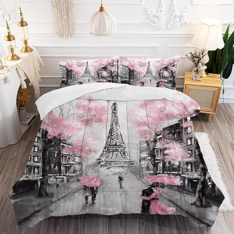 Pink Eiffel Tower Comforter Set for Couples - Queen Size Floral Bedding