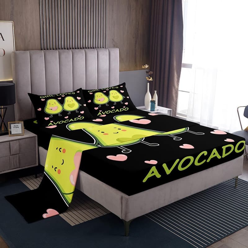 Cute Cartoon Avocado Sheet Set for Kids' Bedrooms, Queen Size