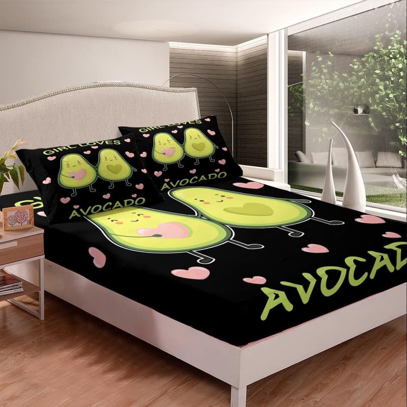 Cute Cartoon Avocado Sheet Set for Kids' Bedrooms, Queen Size