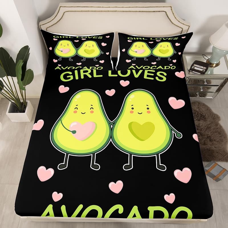 Cute Cartoon Avocado Sheet Set for Kids' Bedrooms, Queen Size