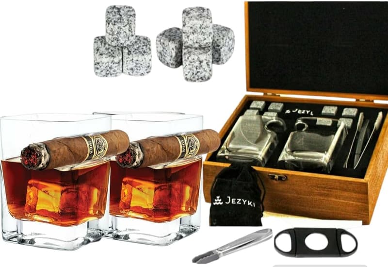 Whiskey Glasses Set with Granite Chilling Rocks - Gift for Dad