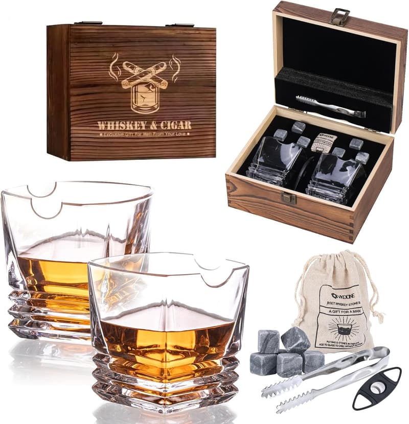 Whiskey Glasses Gift Set with Stones and Tongs for Men