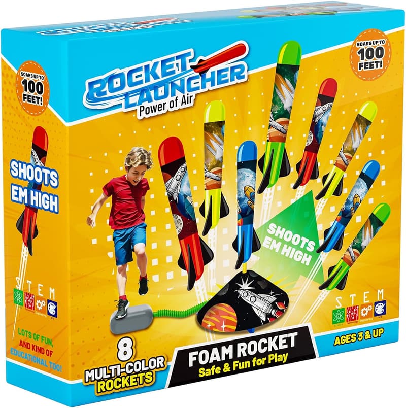 Outdoor Rocket Launcher Toy Set for Kids - Launches 100 Ft, 8 Foam Rockets
