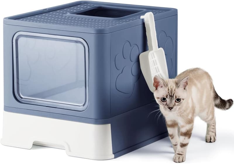 Large Covered Cat Litter Box with Scoop - Odor Control (Blue)