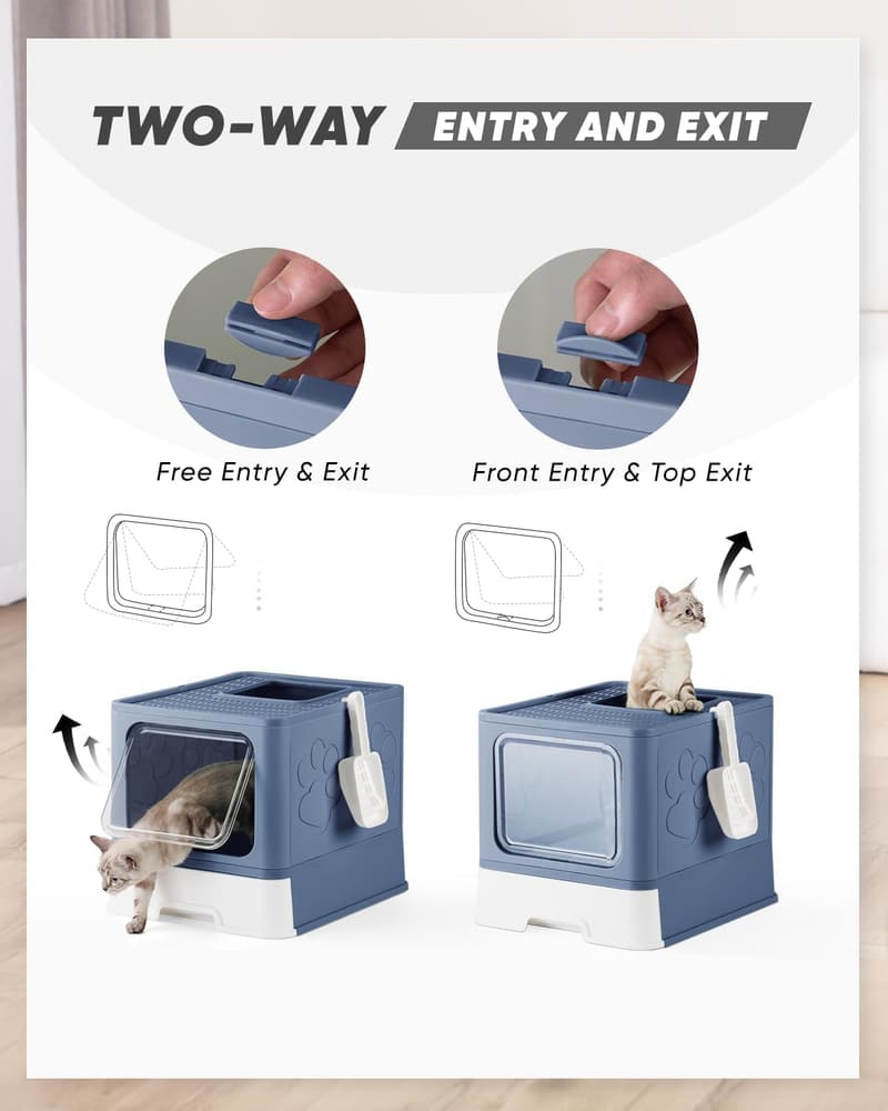 Large Covered Cat Litter Box with Scoop - Odor Control (Blue)