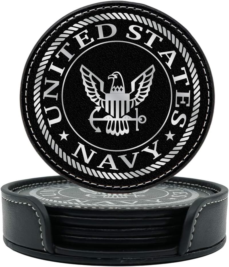 US Navy Leather Coaster Set - 4 Premium Hot Stamped Coasters
