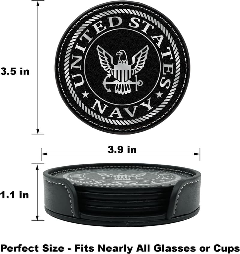 US Navy Leather Coaster Set - 4 Premium Hot Stamped Coasters
