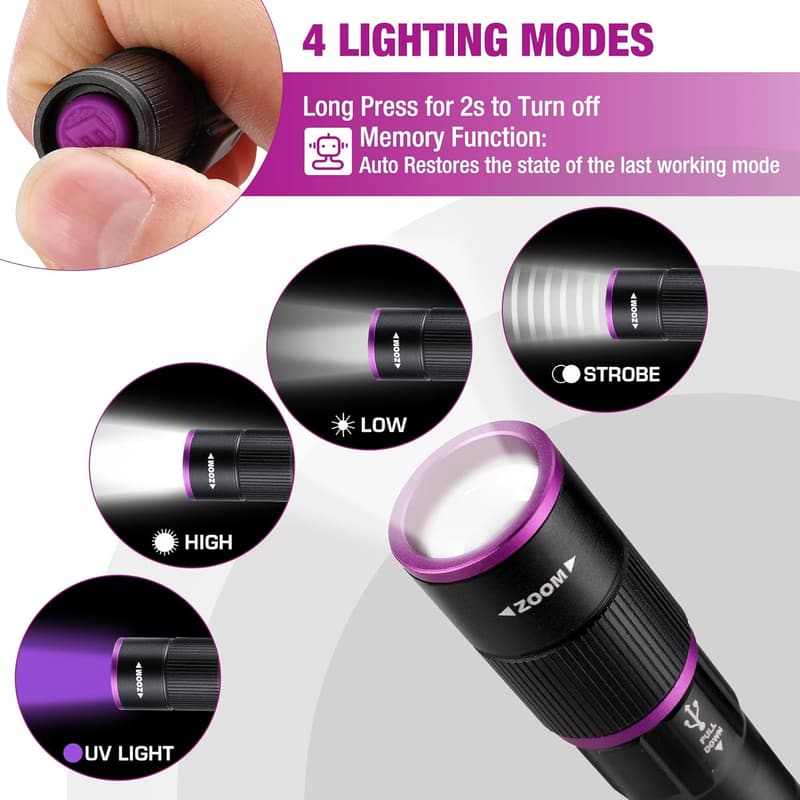 Rechargeable UV & White Light Flashlight for Camping & Emergencies