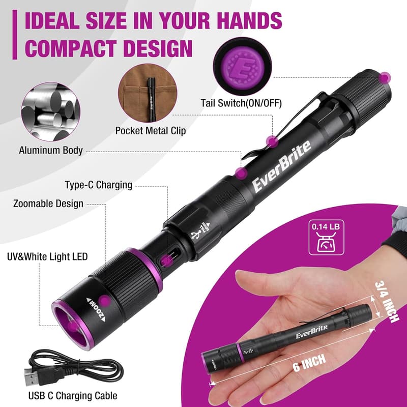 Rechargeable UV & White Light Flashlight for Camping & Emergencies