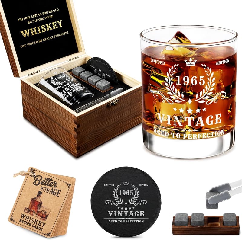 60th Birthday Whiskey Glass Set for Men - Vintage 1965 Edition