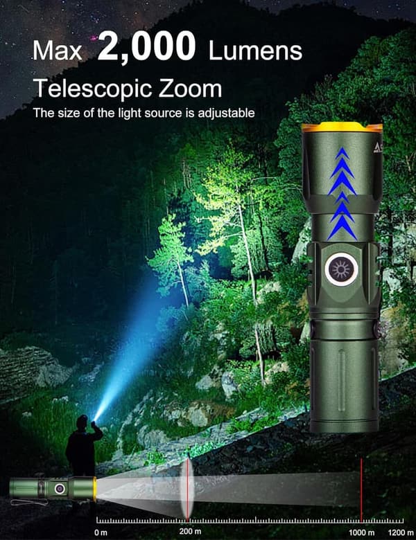 Tactical 2000 Lumen Rechargeable LED Flashlight - Waterproof