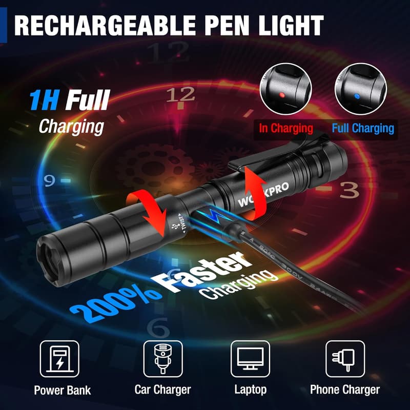 Mini EDC Flashlights - Rechargeable Pen Light, 2 Pack, Black