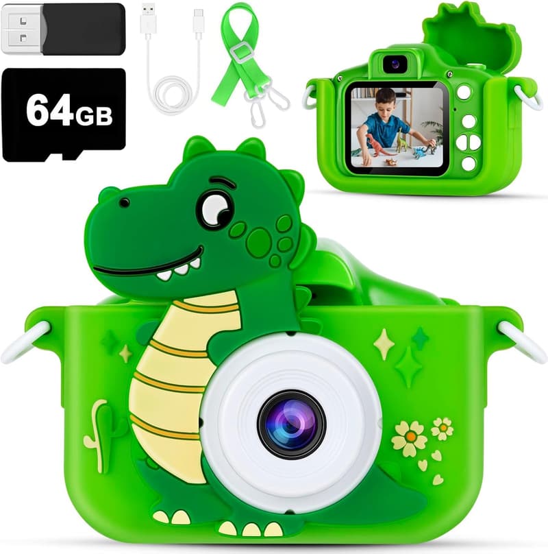 Dinosaur Birthday Gift: 64GB Kids Digital Camera - 1080P HD