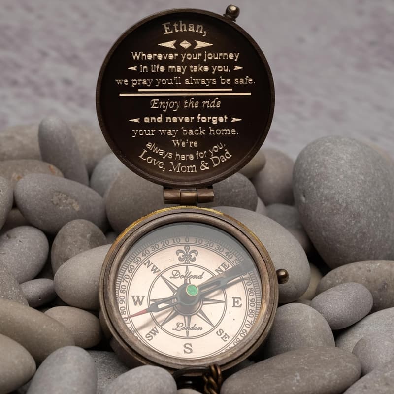 Personalized Antique Brass Compass with Leather Case - Custom Engraved Gift for Men
