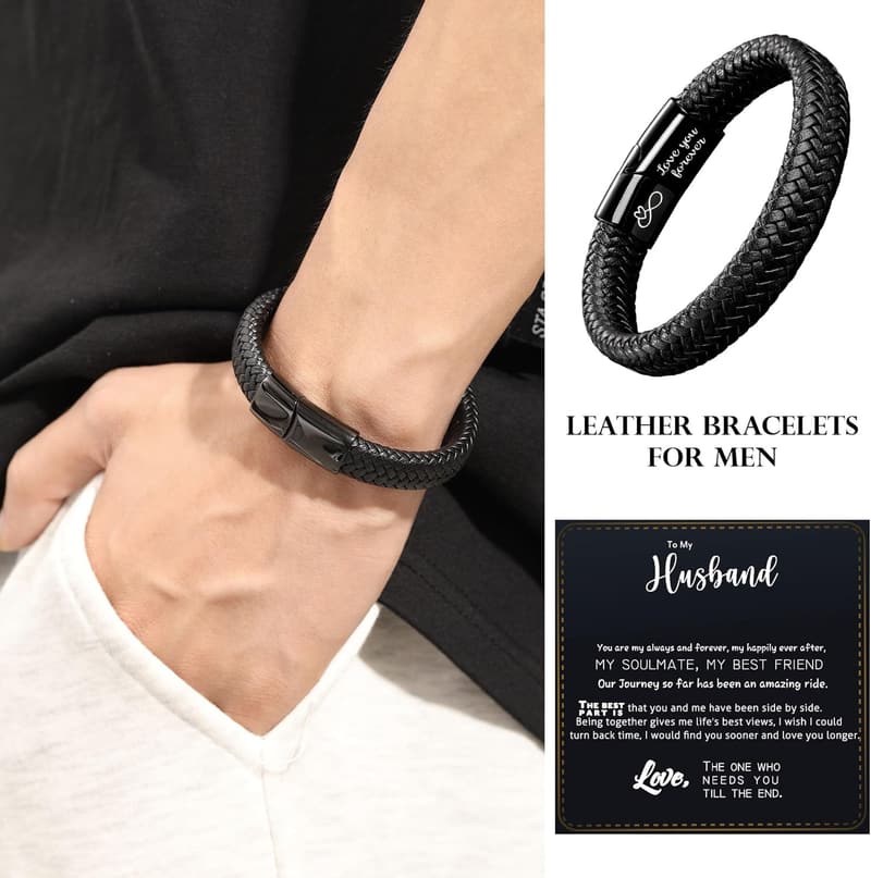 Men's Leather Infinity Bracelet - I Love You Gift for Dad