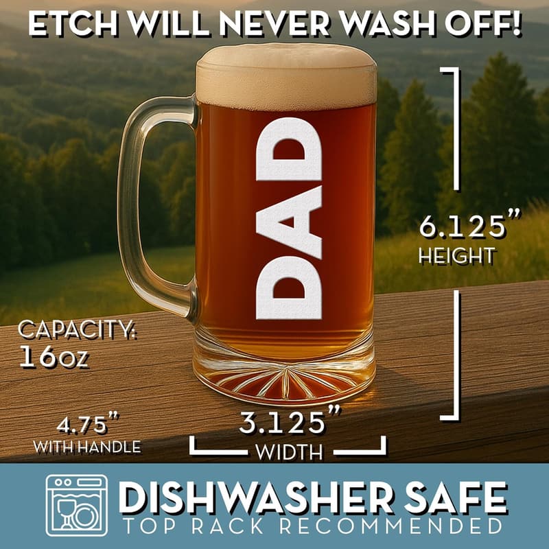 Custom Engraved 16oz Beer Mug - Perfect Gift for Dad