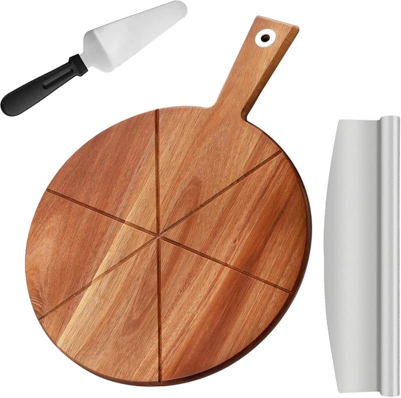 Wooden Pizza Peel with Handle - 12 Inch Round Cutting Board