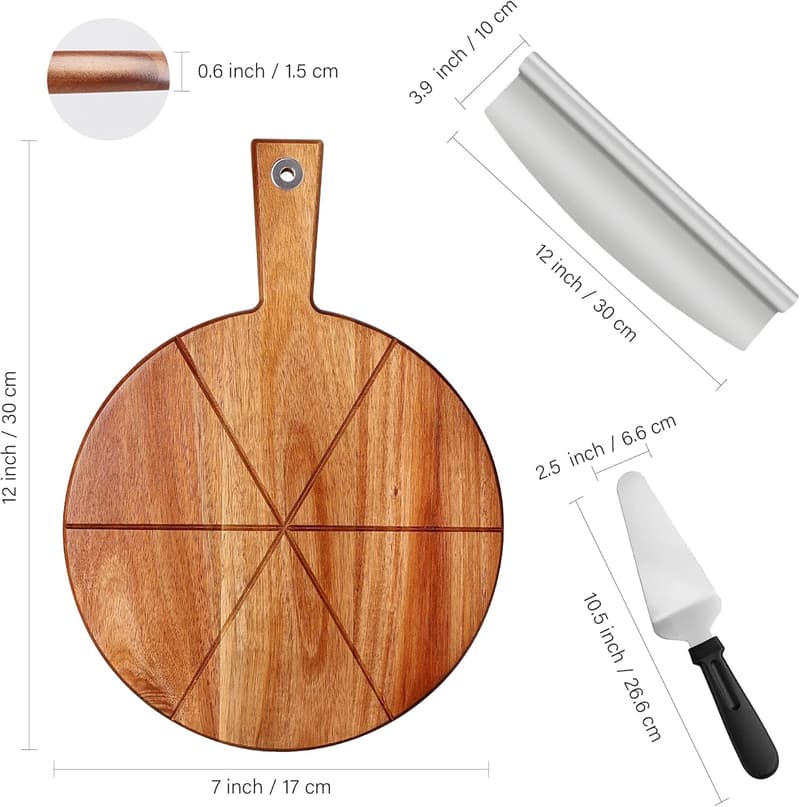 Wooden Pizza Peel with Handle - 12 Inch Round Cutting Board