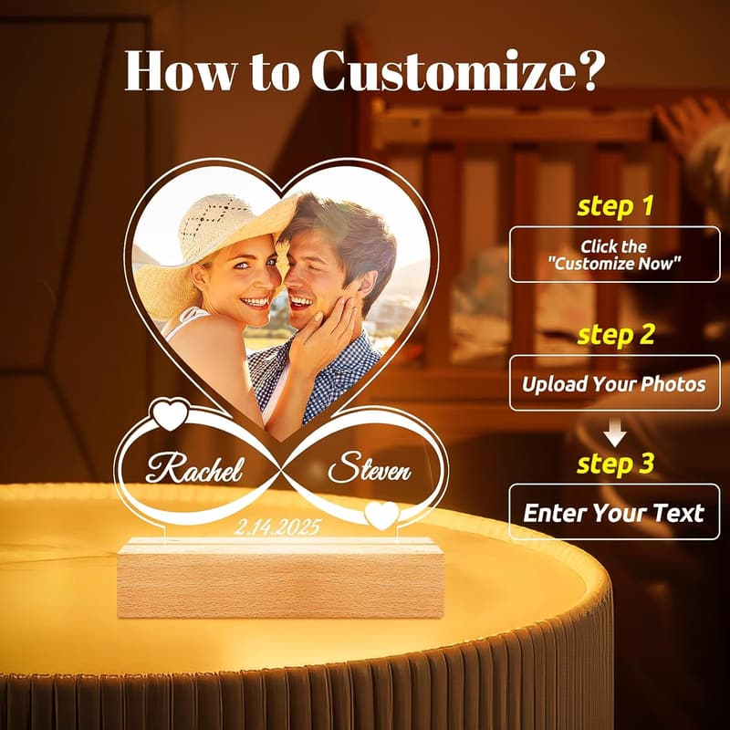 Personalized Photo Frame with Night Light - Anniversary Gift for Couples