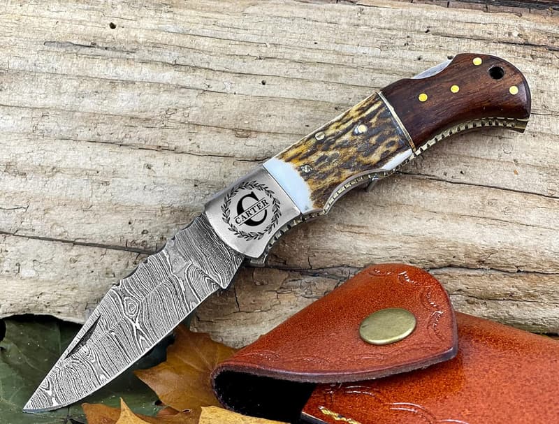 Personalized Damascus Steel Pocket Knife with Stag Handle - Gift for Him