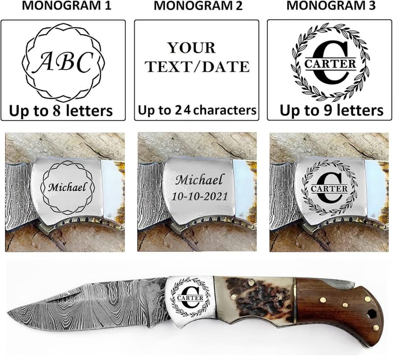 Personalized Damascus Steel Pocket Knife with Stag Handle - Gift for Him