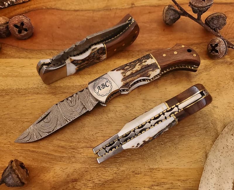 Personalized Damascus Steel Pocket Knife with Stag Handle - Gift for Him