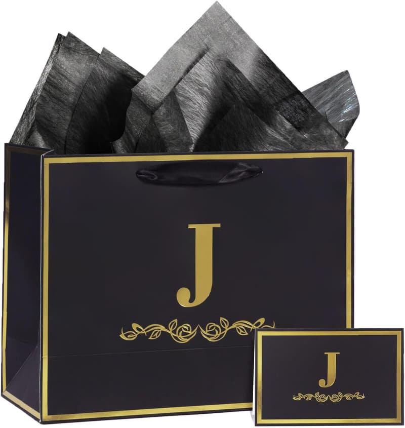 Personalized Black Gold Gift Bag with Card - Letter J