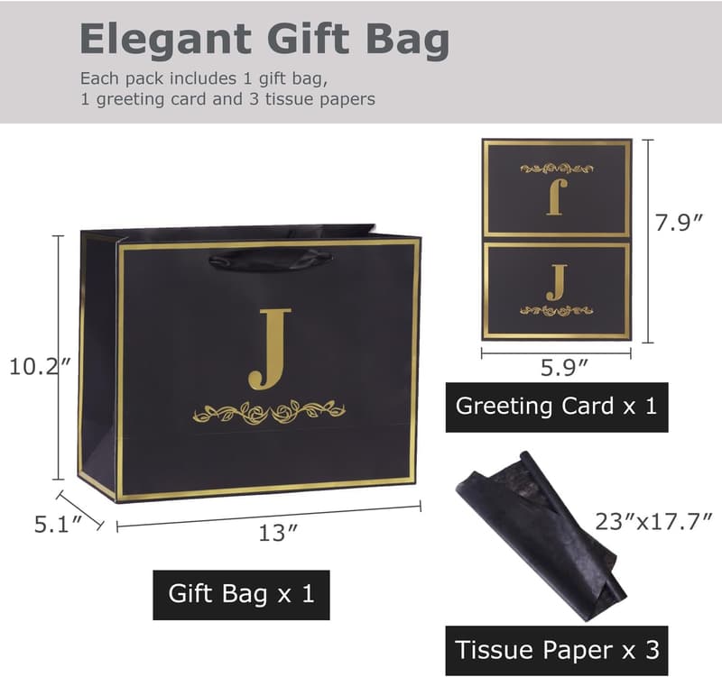 Personalized Black Gold Gift Bag with Card - Letter J