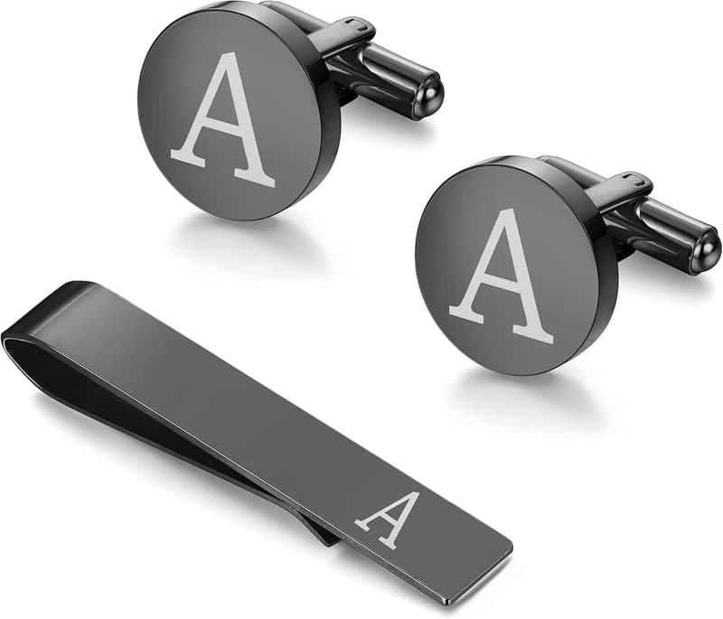 Personalized Black Copper Cufflinks & Tie Clip Set for Men