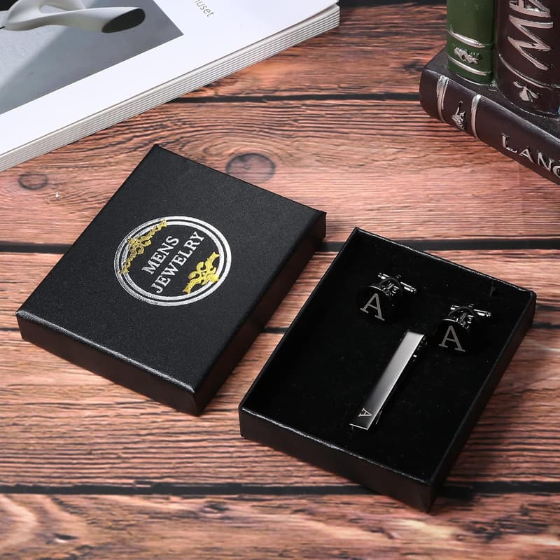 Personalized Black Copper Cufflinks & Tie Clip Set for Men