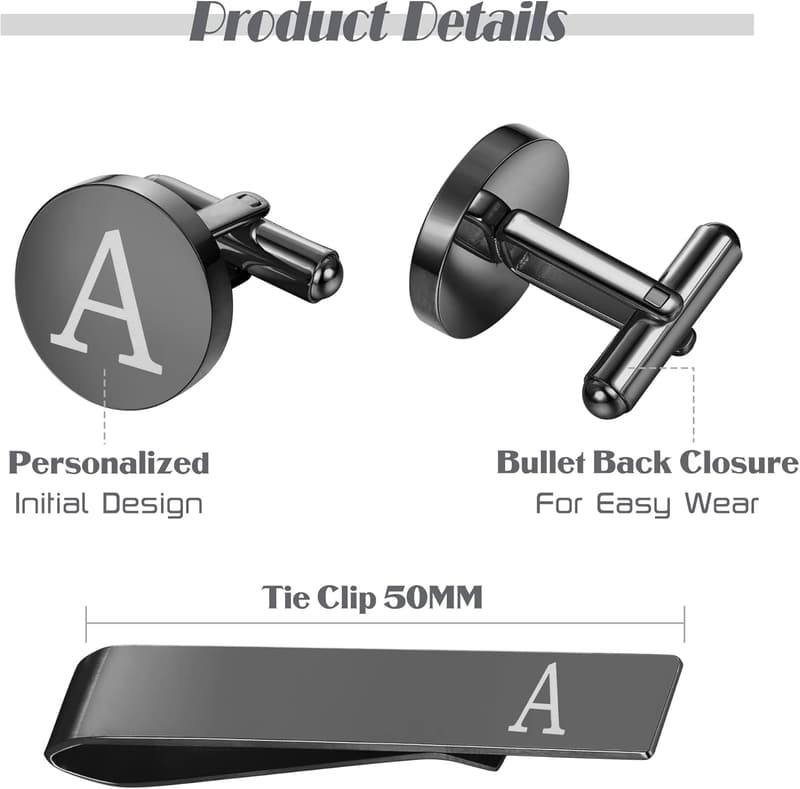 Personalized Black Copper Cufflinks & Tie Clip Set for Men