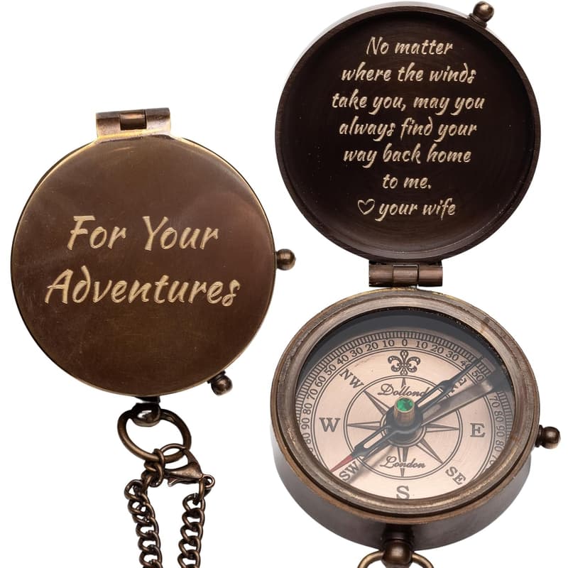 Personalized Antique Brass Compass with Leather Case - Custom Engraved Gift for Men