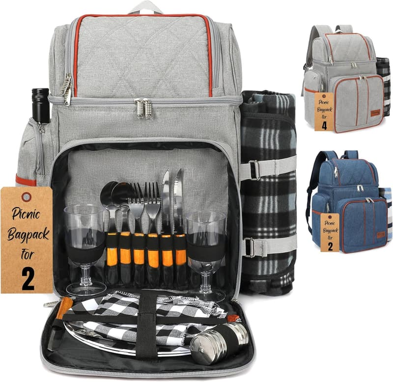 Picnic Backpack with Insulated Cooler and Cutlery Set for Couples