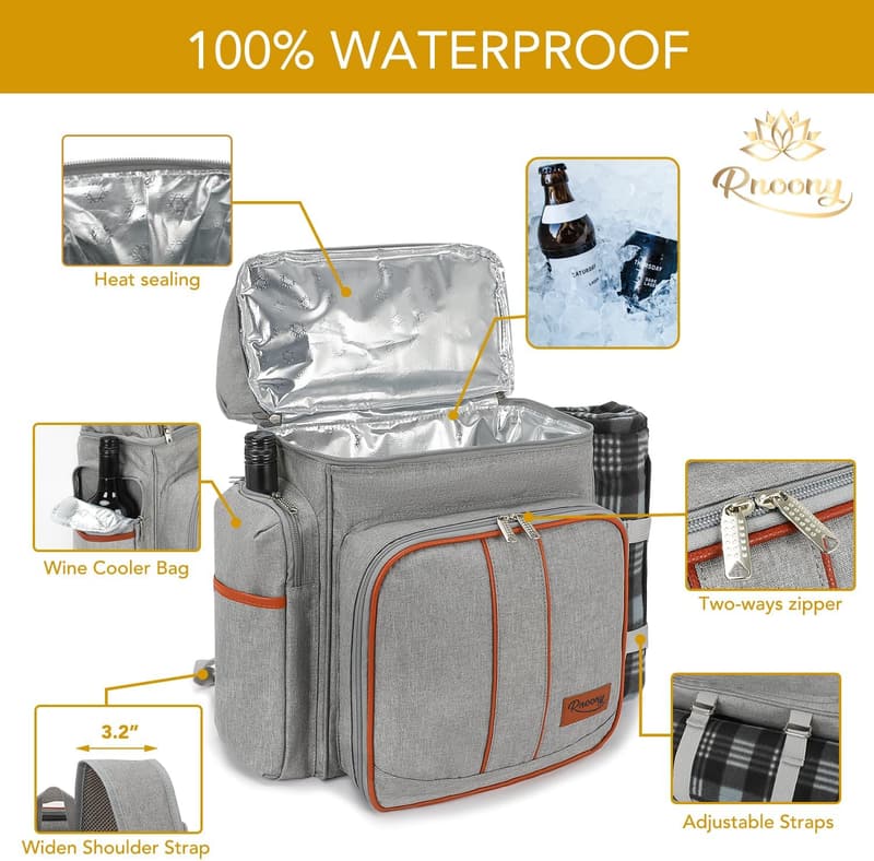 Picnic Backpack with Insulated Cooler and Cutlery Set for Couples