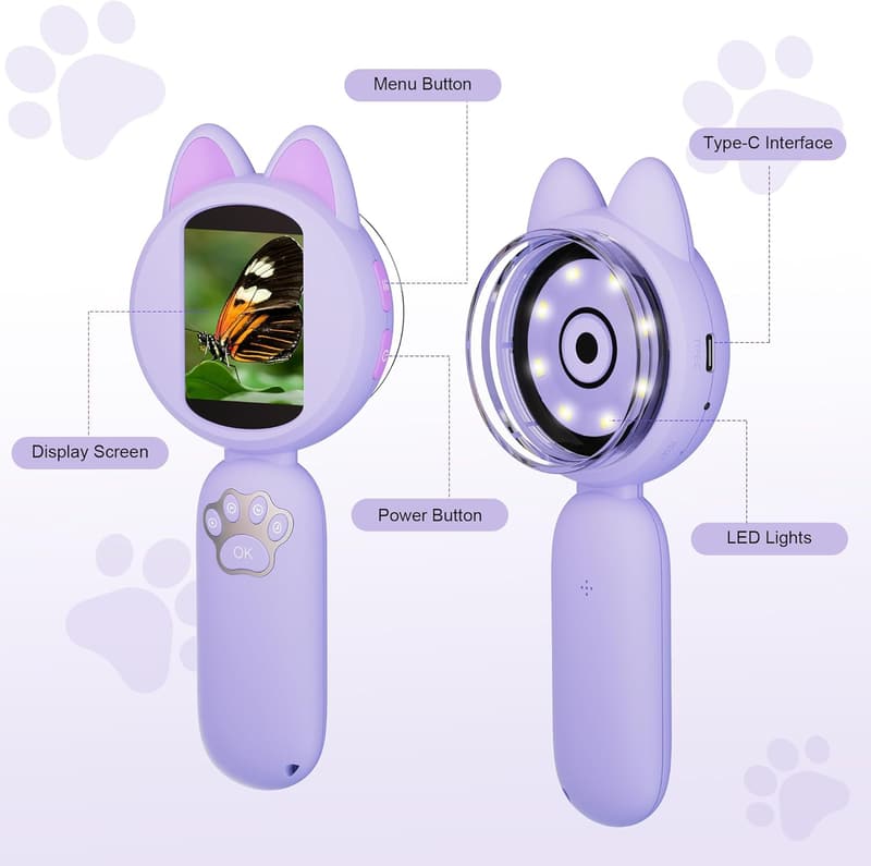 Kids Digital Microscope with 2-Inch Screen & 8 LED Lights, Purple