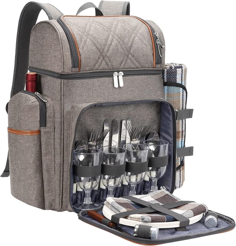 Beach Picnic Backpack Set for 4 with Insulated Cooler