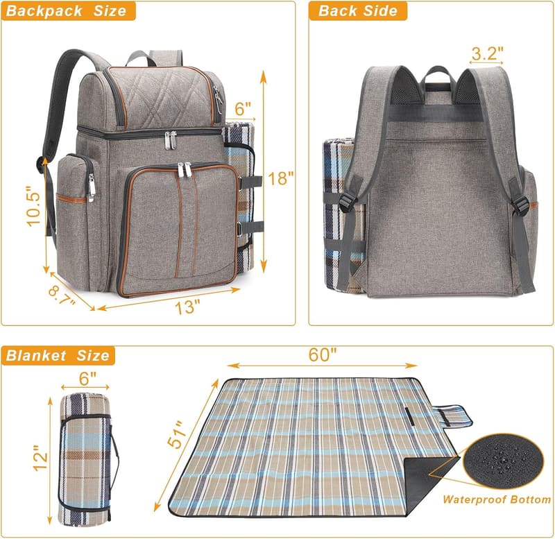 Beach Picnic Backpack Set for 4 with Insulated Cooler