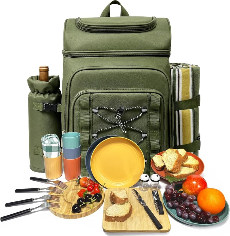 Picnic Basket Backpack for 4 with Insulated Cooler & Blanket