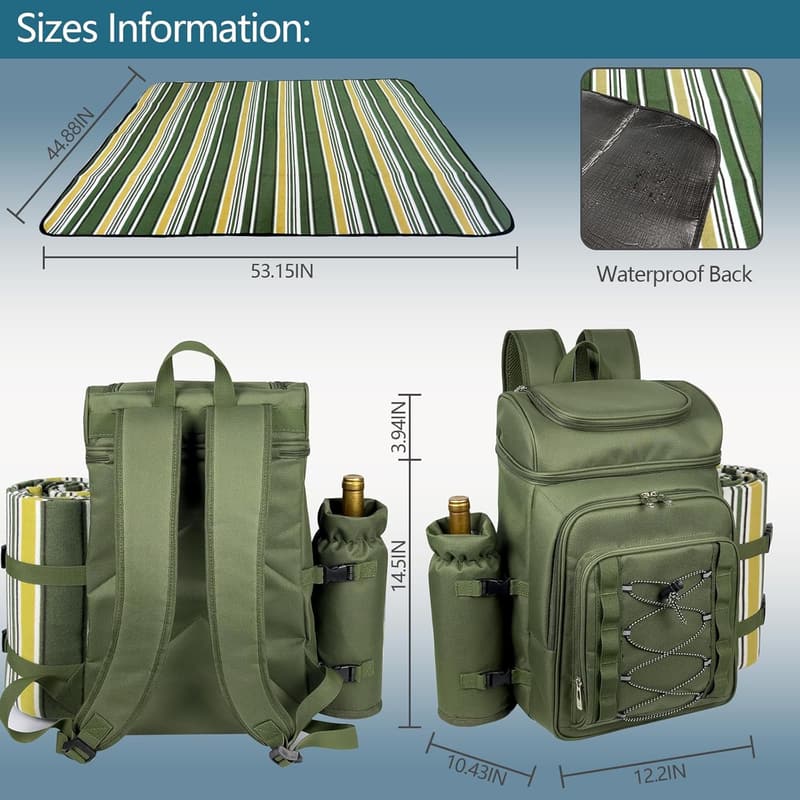 Picnic Basket Backpack for 4 with Insulated Cooler & Blanket