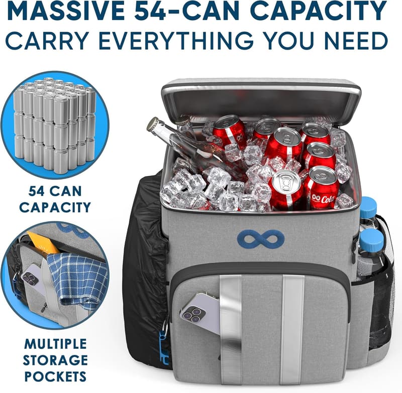Insulated Backpack Cooler with 54 Can Capacity - Leakproof for Picnics
